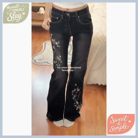 Stretchy Flare Jeans Mid Rise Embroidery Vintage Denim Pants Y2K - Picture 7 of 7